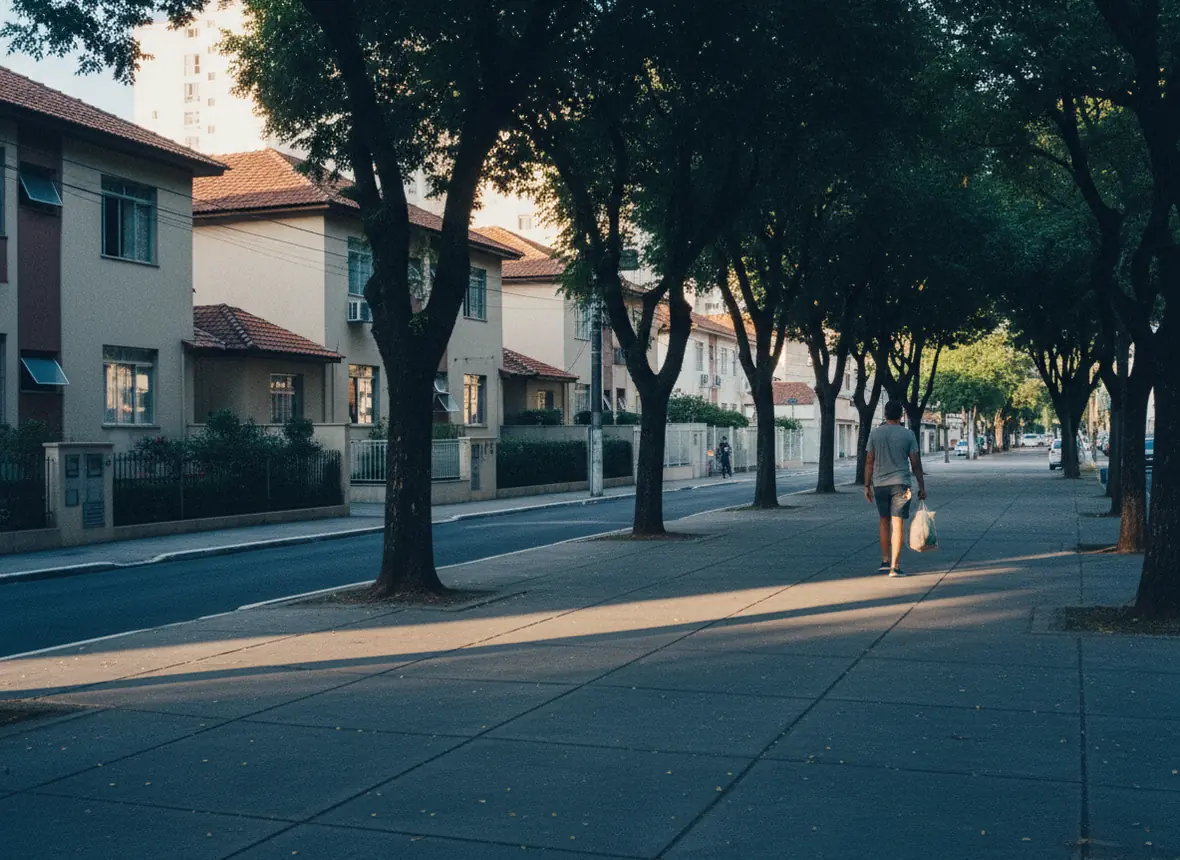 Calle residencial arbolada de una ciudad brasileña al final de la tarde, con una persona volviendo del mercado