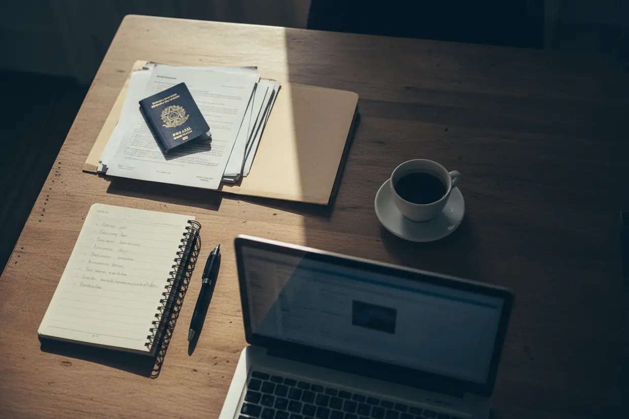 Mesa con un pasaporte, documentos impresos en una carpeta, un cuaderno con una lista escrita a mano y una computadora