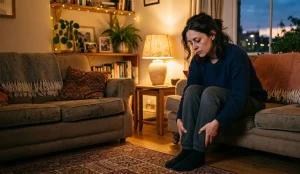Mulher com pernas pesadas e inchadas no fim do dia sentada no sofá